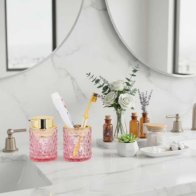 Pink Bathroom Accessories Set,2pcs Glass Bathroom Accessory Set with Foam Soap Dispenser and Toothbrush Holder,Gold Soap and Toothbrush Holder Sets,Perfect for Housewarming Gift,Home Decor