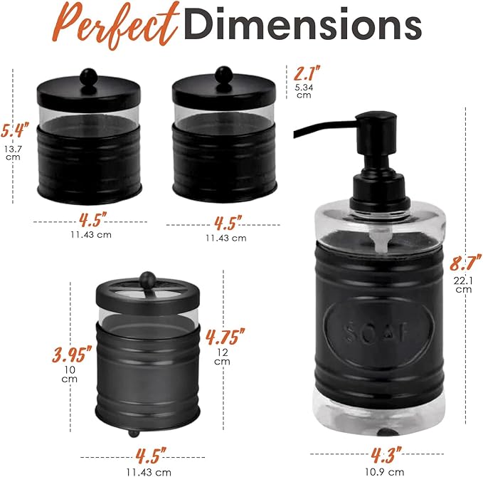 Autumn Alley Farmhouse Matte Black Bathroom Accessories Set (4 PCS) - Lotion Soap Dispenser, Black Toothbrush Holder Set, 2 Glass Apothecary Jars (Qtip Holder) - Rustic Bathroom Accessories Set