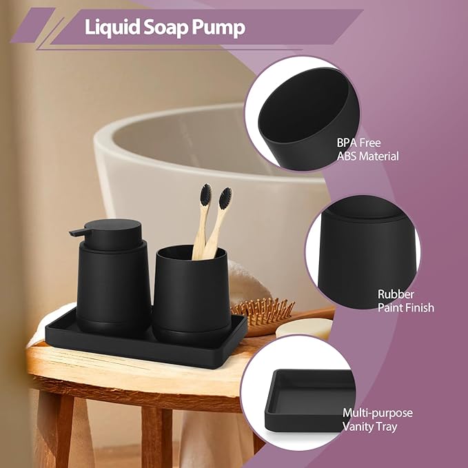 Black Bathroom Countertop Accessories Set - Soap Dispenser and Toothbrush Holder with Silicone Boot,Vanity Tray (Black Liquid)