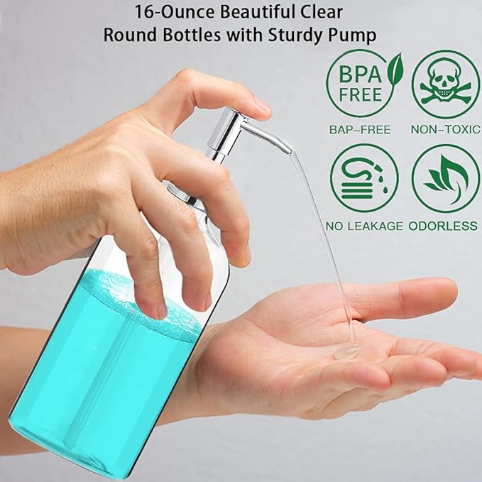 Clear Soap Dispenser with Rust Proof Pump, Waterproof Labels (2 Pack,16 Oz), Plastic Hand Soap Dish Soap Dispenser for Kitchen Bathroom