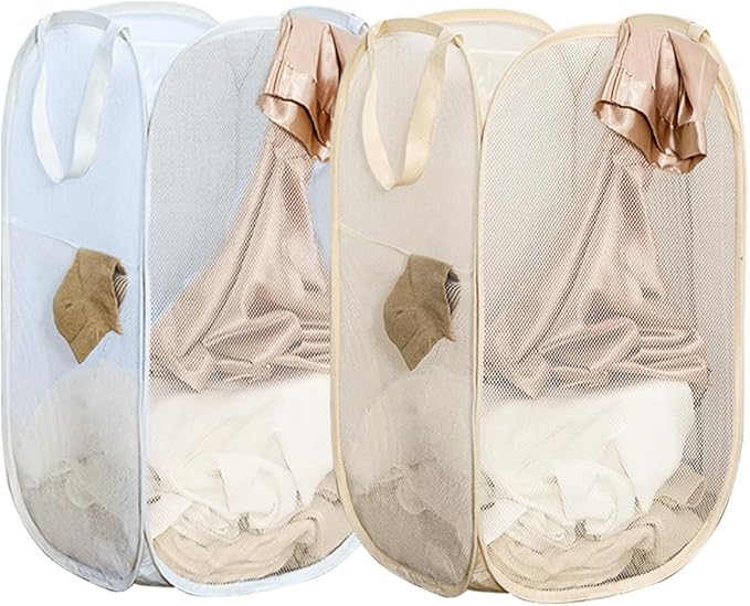 2Pcs Pop Up Hampers for Cruise, Folding Laundry Basket Space Saving Design, Dirty Clothes Hamper for Bedroom, Hotel, RV, Travel (White+Beige)
