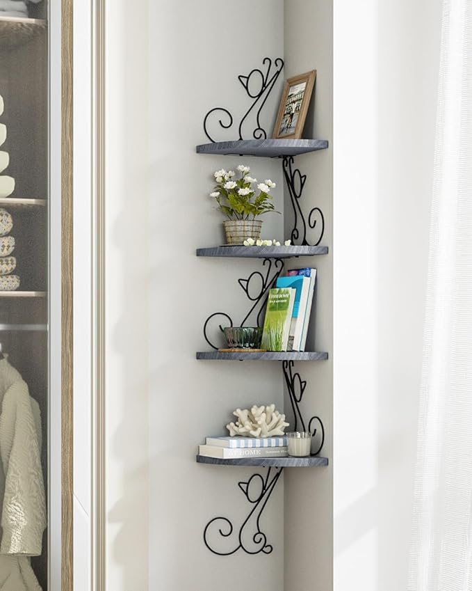 Alsonerbay Wall Mount Corner Shelves 4 Tier Floating Corner Storage Wood Shelves Decorative Rustic Radial Shelf in Cat Shape Weathered Grey