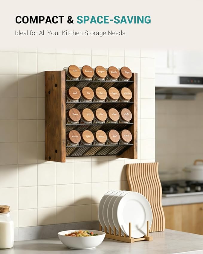 NESAPTO Spice Rack Organizer for Cabinet, Wooden 4 Tier Vertical Seasoning Organizers for Kitchen Pantry, Countertop/Wall Mount, Holds 20 Spice Jars (No Jars Included),10.3" W × 9.4" H