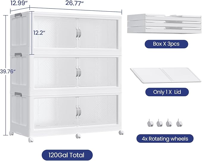 360QT Extra Large Stackable Storage Bins with Lid, 90Gal Plastic Closet Organizers and Storage Drawer, Collapsible Cabinet Box with Wheels Clear Doors for Home Kitchen Office, 3Pack White