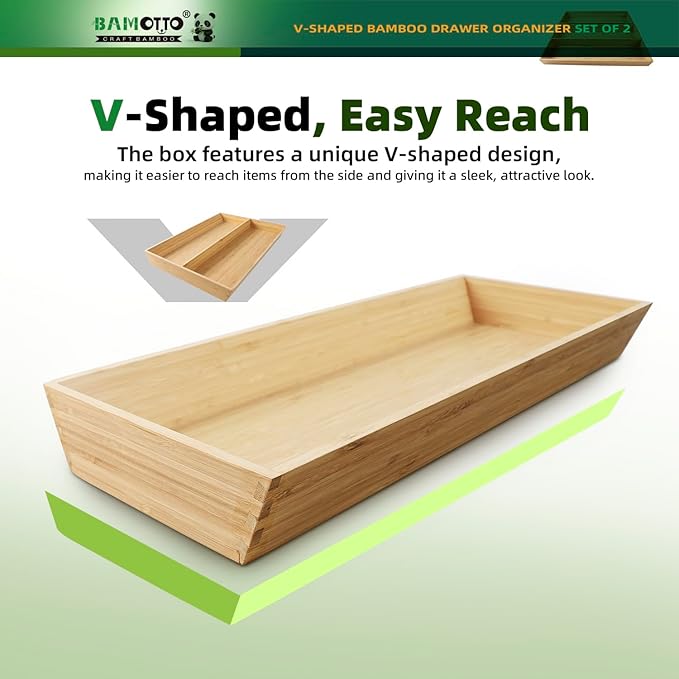 V-Shaped 2-Pack 19.6" Long Bamboo Drawer Organizer Box - Easy Reach Kitchen Utensil Flatware Silverware Cooking Tools Storage for Home Bedroom Bathroom (19.6"x12.4"/19.6"x7.8")