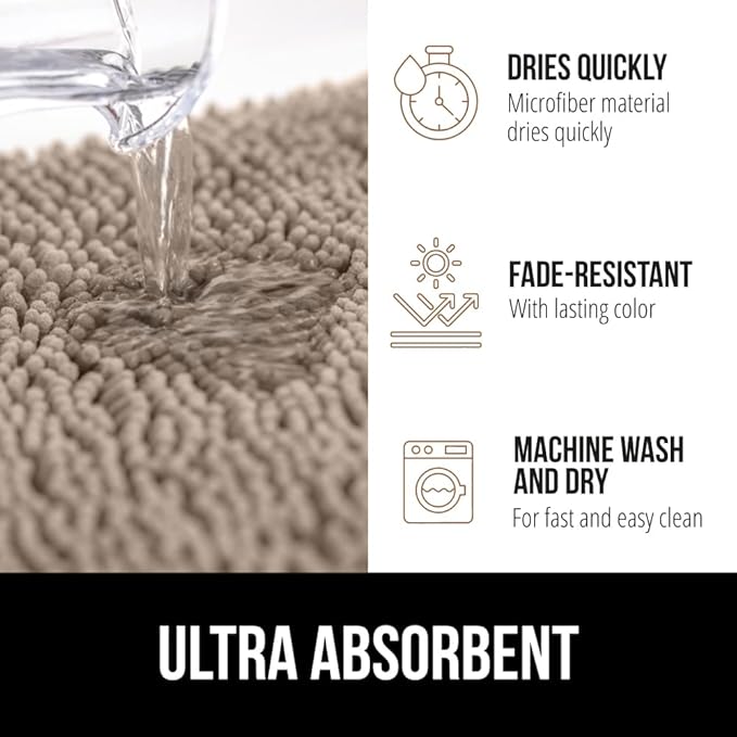 GORILLA GRIP Bath Rug Mat 54x24, Thick Absorbent Chenille, Quick Dry Microfiber Mats, Rubber Backing Washable Shower Floor Rugs, Bathmat Runner, US Designed Bathroom Home Decor Accessories Gray Beige
