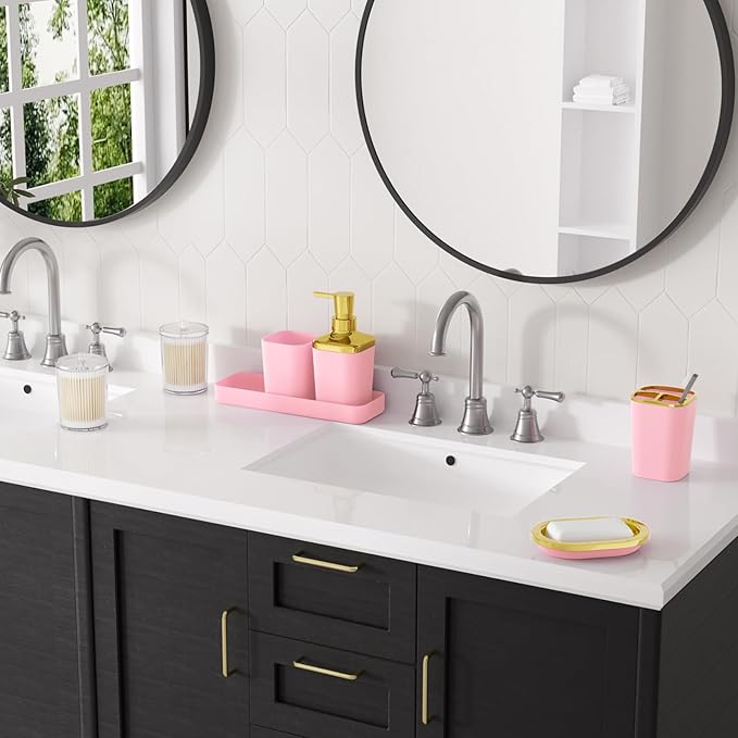 Pink Bathroom Accessories Set, Pink and Gold Bathroom Accessories with Trash Can, Soap Dispenser, Soap Dish, Toothbrush Holder and Q-tip Holders