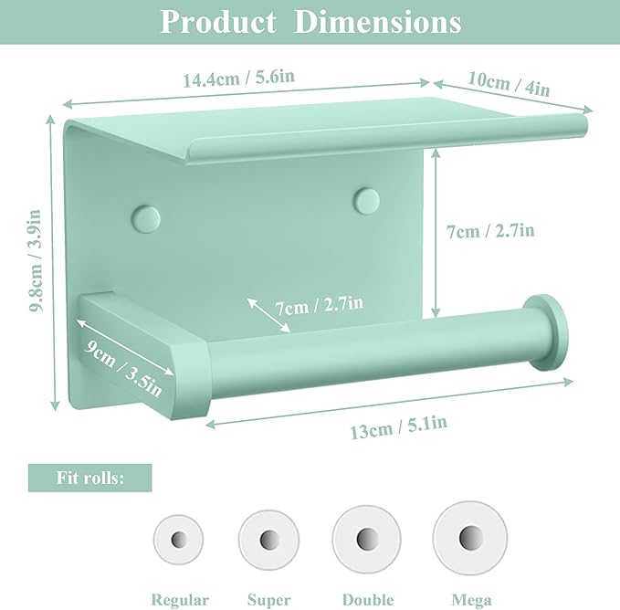 Tindbea Toilet Paper Holder with Phone Shelf, Adhesive or Screw Wall Mount Toilet Tissue Roll Holder, Rustproof & Multifunctional Stainless Steel Bathroom Storage Dispenser (Mint Green)
