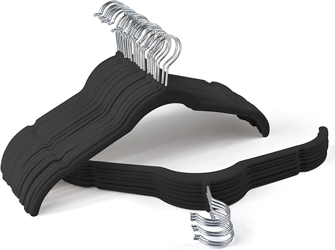 Sishynio Premium Velvet Hangers 30 Pack - Space-Saving Closet Organizer for Clothes, Non-Slip Flocked Design, Ideal for Shirts and Coats (Black)