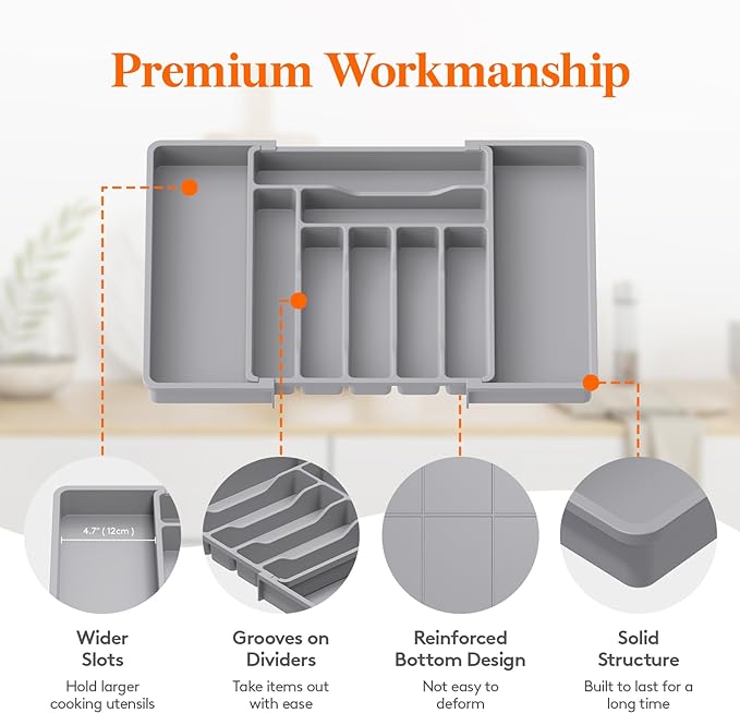 Lifewit Utensil Organizer for Kitchen Drawer, Expandable Cooking Silverware Tray, Adjustable Cutlery Flatware Holder, Plastic Spatula Tools Storage Divider, 13-22.4 x 15", Gray