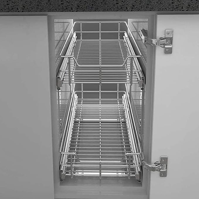 2 Tier Pull Out Cabinet Organizer 15" W X 22" D, Slide Out Drawers For Kitchen Cabinets, Pull Out Drawers For Cabinets Capacity Heavy Duty Caddy, Cabinet Pullout Shelves Chrome-Plated,Bathroom Pantry | Slide Out Drawers, For Kitchen Cabinets, Heavy Dut...