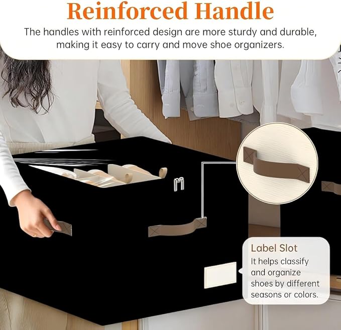 Shoe Organizer for Closet, Foldable Shoe Storage Containers, Fits up to 16 Pairs, Large Shoe Storage Organizer Box Cubby Baskets Bins with Clear Cover and Reinforced Handles, Black