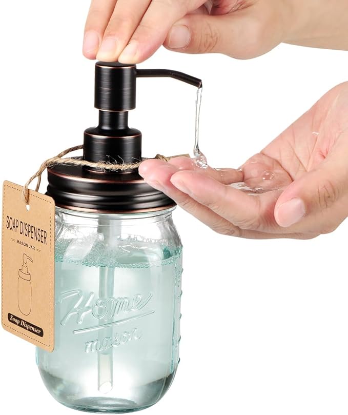 Amolliar Mason Jar Liquid Soap Dispenser, 16 OZ Lotion Glass Dispenser, Cute Farmhouse Decor for Kitchen, Bathroom, Refillable Dispenser for Hand Soap, Dish Soap, Lotion Soap, Oil Rubbed Bronze 1 Pack