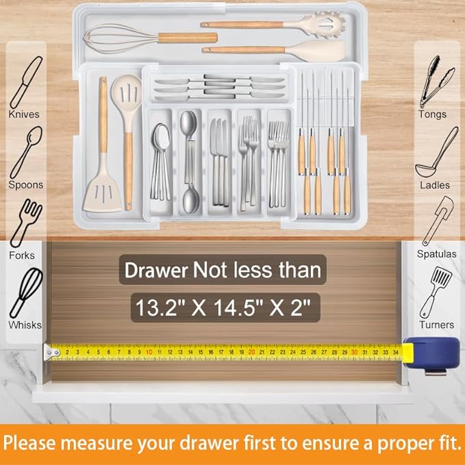 Homecor Silverware Organizer for Kitchen Drawer, Expandable Utensil Drawer Organizer with 2 Knife Block, Flatware and Cutlery Holder, Adjustable Plastic Storage for Spoons Forks Knives