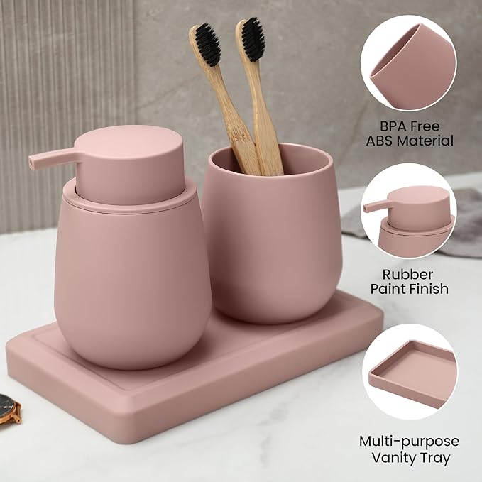Bathroom Accessories Set, Modern 3 Pcs Bathroom Essentials - Soap Dispenser, Toothbrush Holder & Tray, Countertop Vanity Organizer (Pink)