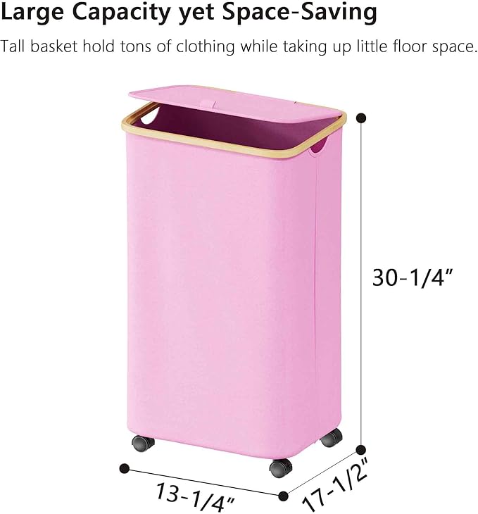 SUOCO Laundry Hamper on Wheels 100L, Clothes Basket with Lid and Bamboo Handles, Foldable Laundry Hamper for Bedroom, Bathroom, Dorm, Laundry Room - Pink