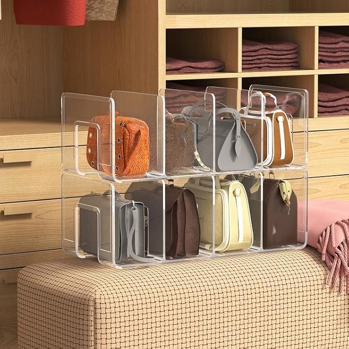 Noleja 2pcs Clear Plastic Purse Handbag Organizer 4 Sections Bag Closet Shelf Divider Purse Display Stand Handbag Storage Organizer Clear Desk File Sorter Stand Holder Bookshelf (4)