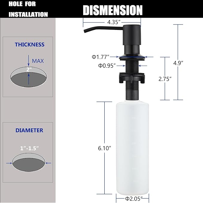 Soap Dispenser for Kitchen Sink Matte Black, Lotion Dispenser for Kitchen Sink Stainless Steel Sink Soap Dispenser 13 OZ Bottle Built in Design Refill from The Top