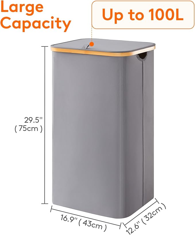 Lifewit 100L Laundry Basket with Lid, Clothes Hampers for Laundry with Bamboo Handles and 1 Removable Bag, Large Foldable Laundry Hamper for Bedroom, Bathroom, Dorm, Laundry Room, Gray