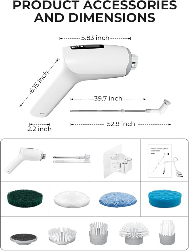 Cleangor Electric Spin Scrubber, Cordless Cleaning Brush Shower Scrubber with 9 Replaceable Brush Heads 3 Speeds Extension Handle for Bathroom, Shower, Bathtub, Floor, Tile, Kitchen, Pool (1, White)