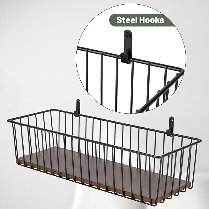 Wetheny Extra large Hanging Wire Basket with Detachable Wood Base and Steel Hooks - Farmhouse Décor Toilet Paper Basket - Wire Storage Basket for Bathroom, Kitchen, Pantry, Garage ( Pack 2 )