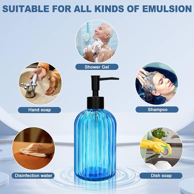 Pack of 2 Glass Soap Dispenser with Black Pump, 400 ml Refillable Pump Dispenser for Kitchen, Bathroom, Order, Laundry Room, Liquid Glass Bottle for Washing Up Liquid, Shampoo, Conditioner (Blue)