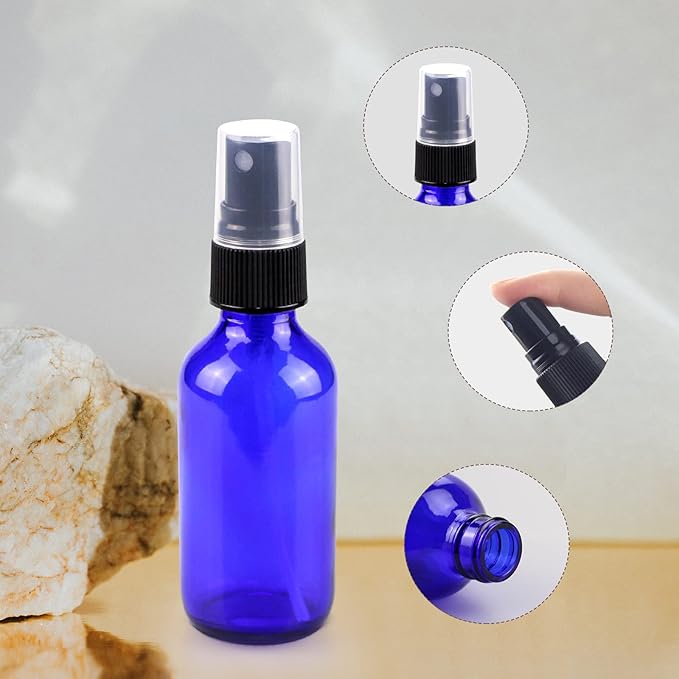 Wedama Mini Glass Spray Bottles 2 oz, Empty with Funnel Dropper, Fine Mist for Hair, Travel, Plants, Cleaning Solutions and Skin Care (4 Pack Blue)