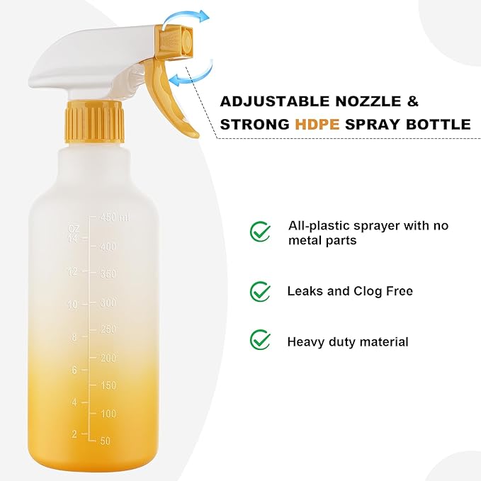 Spray Bottles 16.9oz HDPE Spray Bottle for Hair Mist/Stream Empty Heavy Duty Refillable Containers for Cleaning Solutions, Plants, Vinegar 2 Pack (Yellow, 16.9oz)