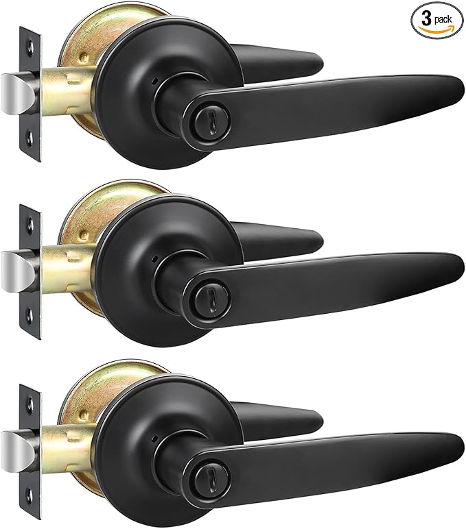 Privacy Door Levers, 3 Pack Matte Black Door Handles, Bed and Bath Door Locksets Heavy Duty Keyless Interior Handles, Reversible for Left Right Handed Doors