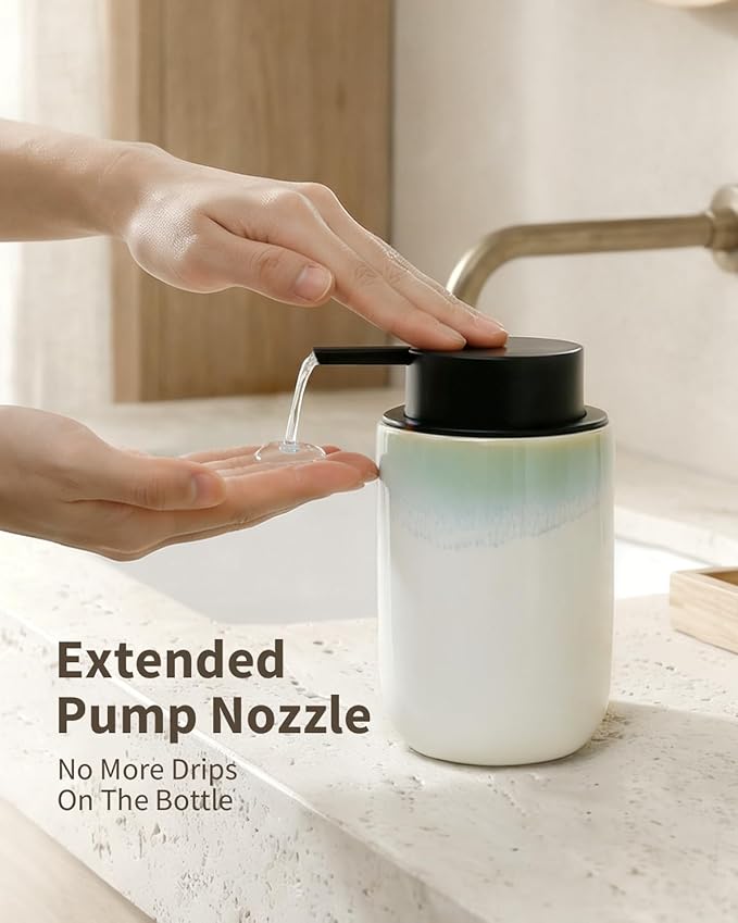 BosilunLife Hand Soap Dispenser - Foam Soap Dispenser Bathroom Ceramic Dish Liquid Soap Dispenser for Kitchen, Bathroom Countertop Soap Dispensers (White with Blue-Green Rim Liquid Pump)