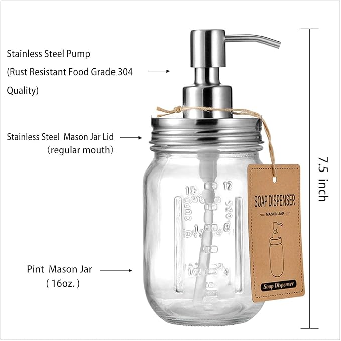 Amolliar Mason Jar Soap Dispensers, Rustproof Stainless Steel Lid &Pump, Refillable Wash Hand Soap for Bathroom,Kitchen-Ideal for Dish Soap,Liquid Soap, Lotions,Waterproof Stickers,16OZ Brushed Nickel