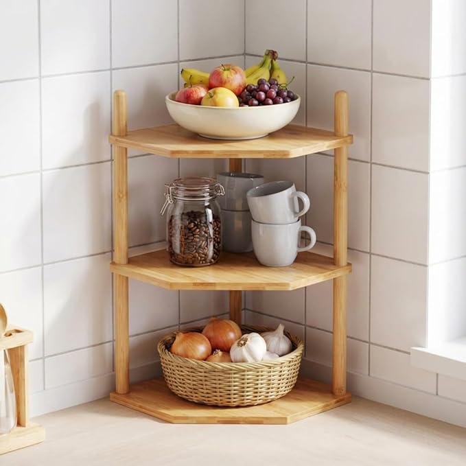 3 Tier Expandable Bamboo Corner Shelf - Dish/Plate Organizer for Cabinet, Kitchen Counter Shelf & Small Kitchen Shelf, Adjustable (1, 3Tier-6.7" H)