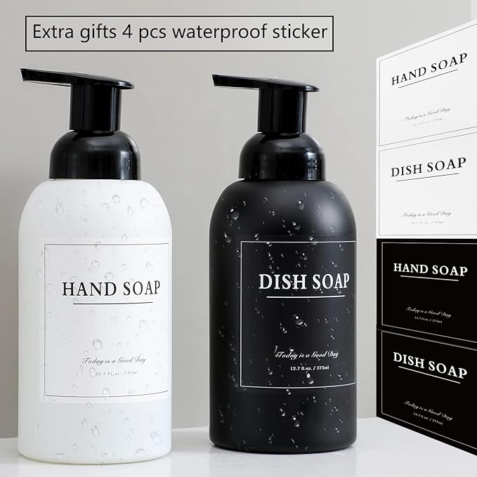 rejomiik 2 Pack Foaming Soap Dispenser Thick Glass Foam Hand Soap Dispenser for Bathroom or Kitchen Sink, 13 oz Pump Bottles for Hand soap, Body Wash, Matte Black and White