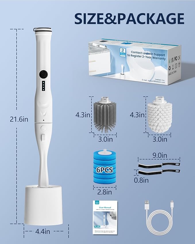 Leebein Electric Toilet Brush and Holder Set, 2025 New Toilet Bowl Scrubber Kit with 8 Replaceable Brush Heads, Disposable Toilet Brush with 6 Wand Cleaner Refills, 2 Pcs Crevice Cleaning Brush