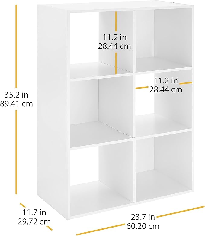 Whitmor 6 Cube Storage Organizer, 3 Tier Stackable MDF Wood Bookcase, Open Storage Display Bookshelf, Storage Cabinet for Living Room, Bedroom, Home, Office, 23.7" L x 11.7" W x 35.2" H, White