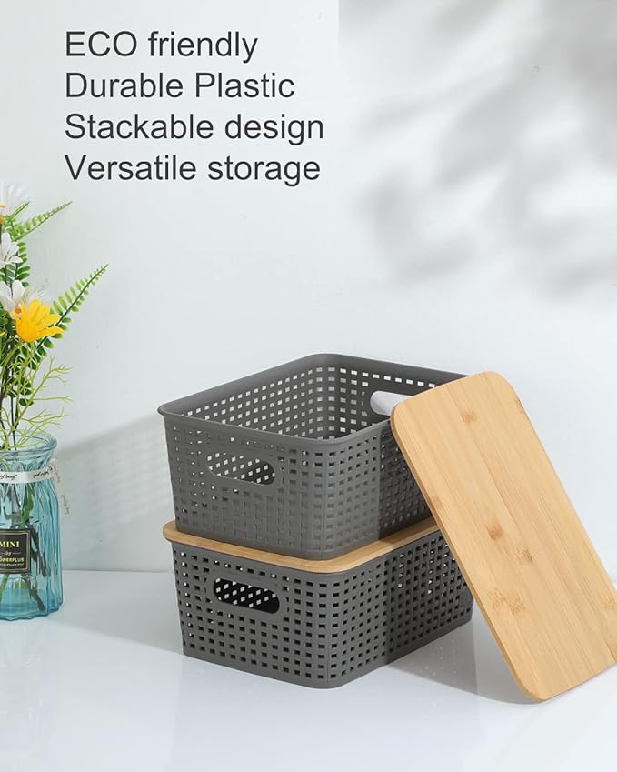 AREYZIN Storage Bins with Bamboo Lids Set of 6 Lidded Storage Container Plastic Baskets Organizer Bins for Organizing Kithen Room Bedroom Office Closet, Sturdy(Grey)