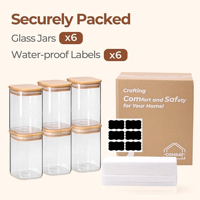 ComSaf 1.2 QT Glass Storage Containers with Lids, Glass Jars with Lids, Clear Food Jar, Square Canister Set of 6, Pantry Organizers and Storage for Cookie Flour Oat Pasta Tea Coffee Bean