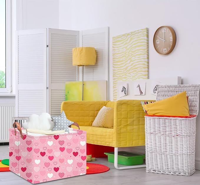 Rectangular Storage Basket Empty,Collapsible Gift Basket with Handles,Heart Print Basket, Books Box,Room Decor(Love You Heart)