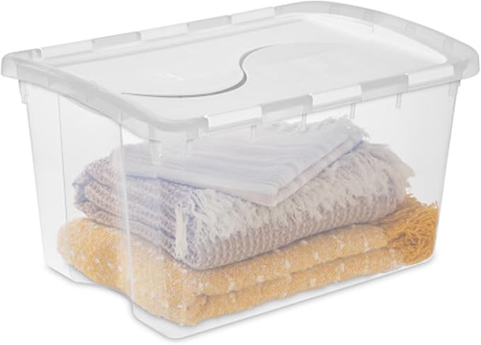 Sterilite 48 Qt Hinged Lid Storage Box, Stackable Bin with Lid, Plastic Container to Organize Home, Office, Basement, Clear with White Lid, 24-Pack