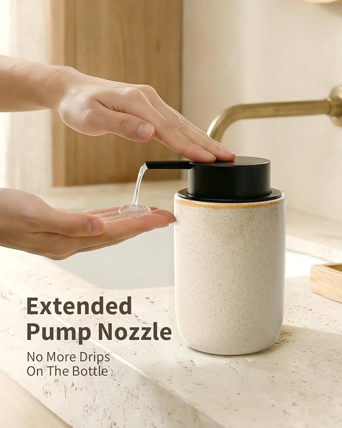 BosilunLife Lotion Pump Dispenser - Hand Soap Dispenser Bathroom Ceramic Dish Liquid Soap Dispenser for Bathroom, Kitchen, Countertop Soap Dispensers (Greige with Speckle, Liquid Pump)