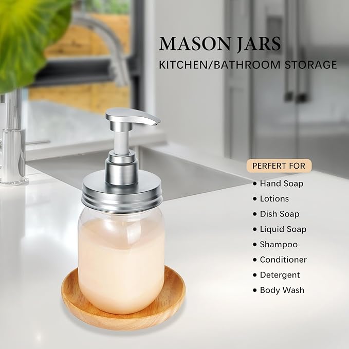 Amolliar Plastic Mason Jar Soap Dispenser with Pump Lid,16OZ Refillable BPA-Free Hand Soap Dispenser Set with Cute Lables, Farmhouse Decor for Kitchen Bathroom, Liquid Soap, Dish Soap (2 Pack, Silver)