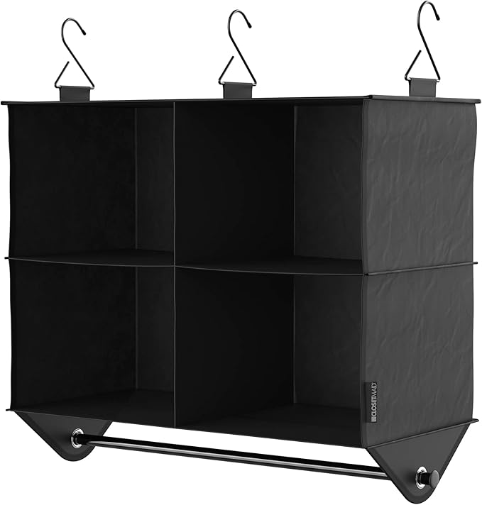 ClosetMaid 4-Shelf Fabric Hanging Closet Organizer with Garment Rod for Shirts, Sweaters, Pants, Hats, Shoes, Purses with Charcoal Black Finish