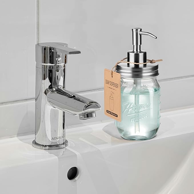 SheeChung 16 Oz Mason Jar Liquid Soap Dispenser, Glass Hand Soap Dispenser, Stainless Steel Pump Lid, Refillable Lotion Dispensers for Bathroom Countertop Kitchen (2, Brushed Nickel)