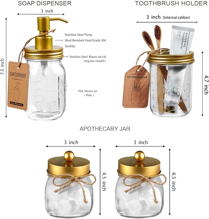 Amolliar Mason Jar Bathroom Accessories Set(4 Pcs) -Lotion Soap Dispenser & 2 Cotton Swab Holder & Toothbrush Holder-Rustic Farmhouse Decor, Countertop Vanity Organize, Bathroom Home Decor (Gold)