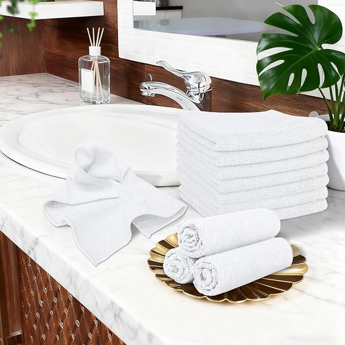 Orighty Washcloths Towels Set 10 Pack, Highly Absorbent and Soft Feel Microfiber Face Cloths, Multi-Purpose Wash Cloths & Hand Towels for Bathroom, Hotel, Spa, and Gym, 11.5x11.5 Inch, White