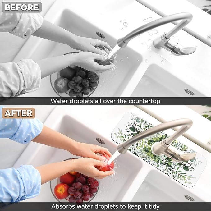 Sink Faucet Absorbing Mat, Spring ﻿Fresh Green Leaf Kitchen Faucet Mat, Sink Splash Guard, for Bathroom Kitchen Sink Splash Guard Drying Mat 15.4"x5.7"