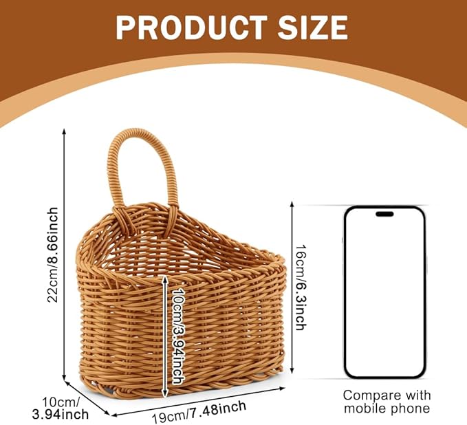 EKDJKK 2 Pcs Plastic Hanging Storage Baskets, Pantry Simulate Wicker Basket, Wall Mount Basket with Hook, Decorative Baskets for Organizing, Small Woven Baskets for Kitchen Bathroom(Brown)