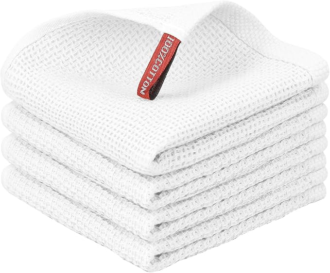 Nialnant 100% Cotton Dish Cloths for Washing Dishes, 4 Pack Waffle Weave Dish Towels,Super Soft Absorbent Cleaning Rags-White,12x12 Inch
