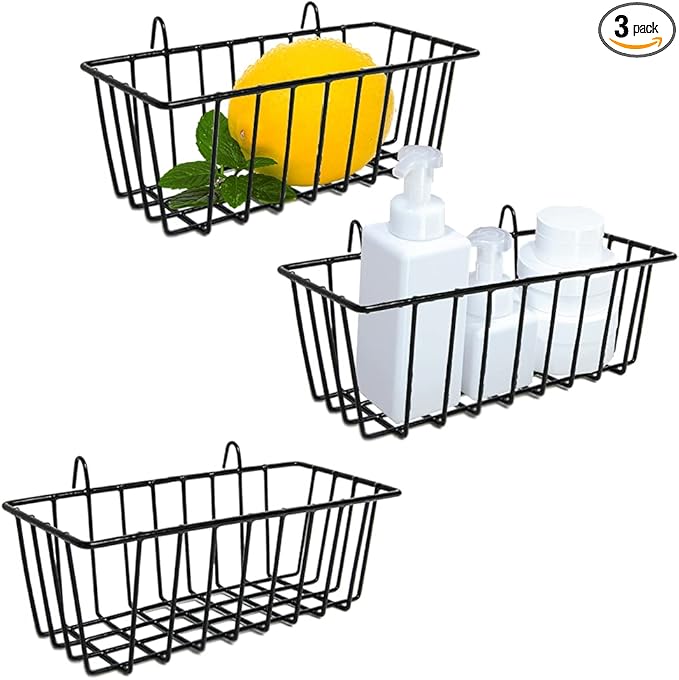 3 Pack Wire Baskets,Wall Grid Panel Hanging Wire Basket,Wall Storage and Display Basket for Cabinet & Pantry Organization and Kitchen,Bathroom,Bedroom Storage