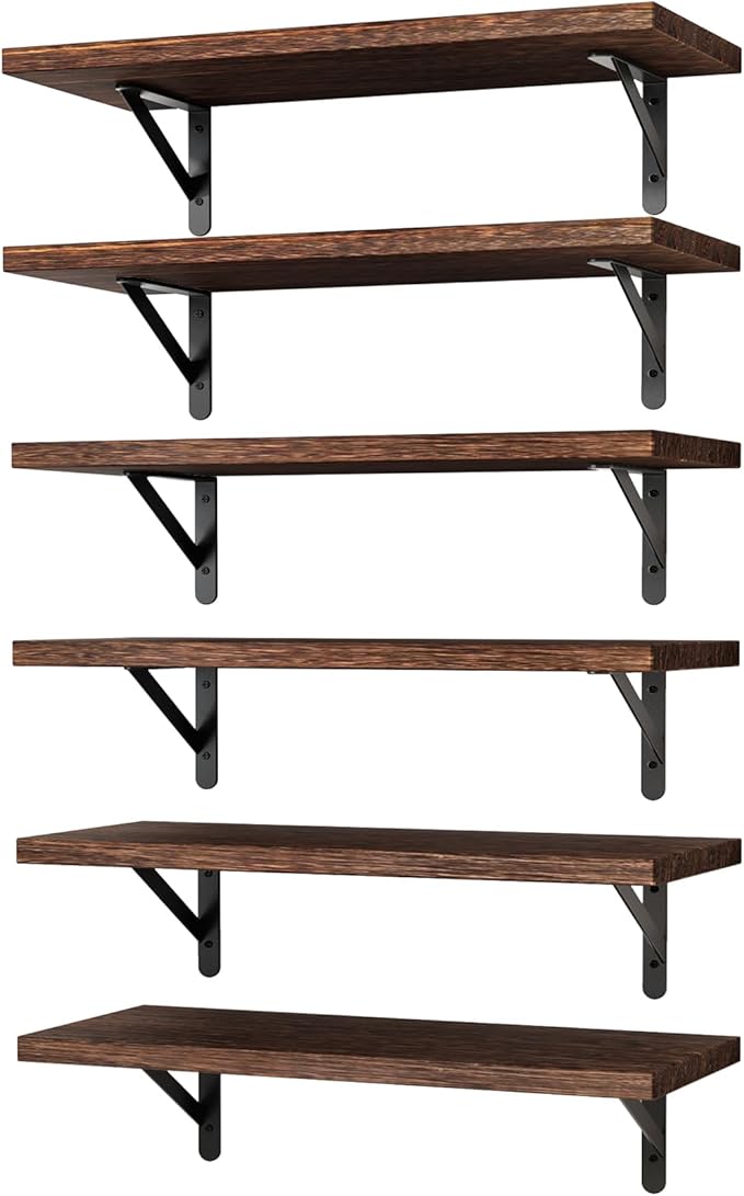 YGEOMER 16.5 Inch Floating Shelves for Wall, Farmhouse Wall Shelves for Bedroom, Bathroom Storage, Living Room and Kitchen Decor (Set of 6 Brown)